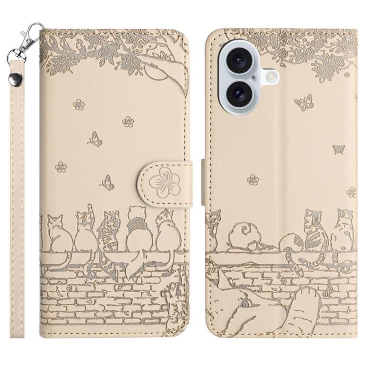 Custodia in pelle con motivo gatto per iPhone 16