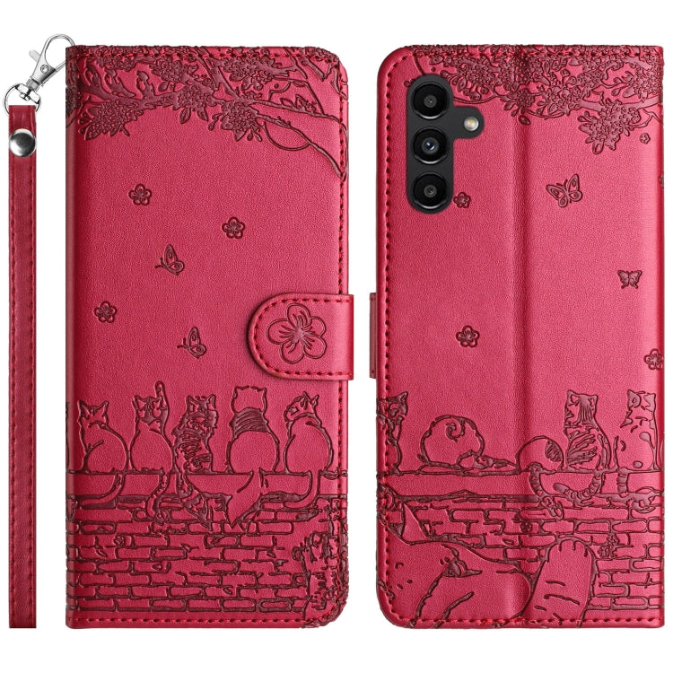 Custodia per telefono in pelle con motivo in rilievo di gatto con cordino, For Samsung Galaxy S24+, For Samsung Galaxy A55, For Samsung Galaxy A34, For Samsung Galaxy S24