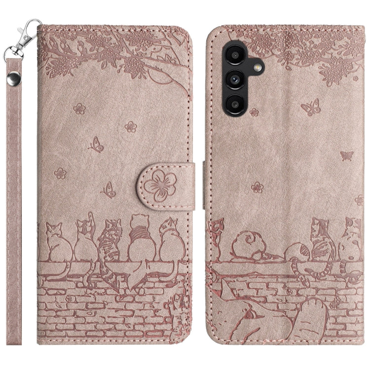 Custodia per telefono in pelle con motivo in rilievo di gatto con cordino, For Samsung Galaxy S24+, For Samsung Galaxy A55, For Samsung Galaxy A34, For Samsung Galaxy S24