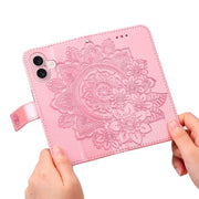 Custodia per telefono in pelle goffrata con fiori a 7 petali, For iPhone 16, For iPhone 15 Pro Max, For iPhone 15 Pro, For iPhone 15 Plus