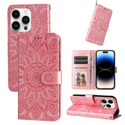 Custodia per telefono in pelle di girasole goffrata, For iPhone 16, For iPhone 15 Pro Max, For iPhone 15 Pro, For iPhone 15 Plus