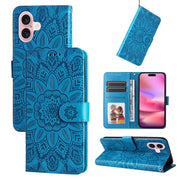 Custodia per telefono in pelle di girasole goffrata, For iPhone 16, For iPhone 15 Pro Max, For iPhone 15 Pro, For iPhone 15 Plus