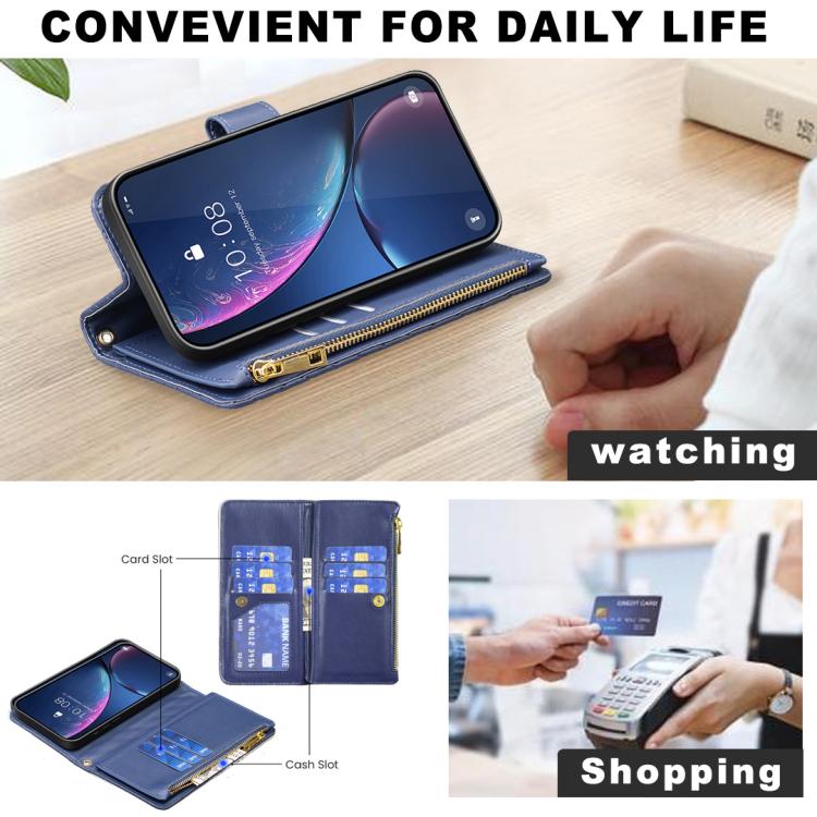 Custodia per telefono a conchiglia in pelle con portafoglio con cerniera Diamond Lattice, For iPhone 17 Pro Max, For iPhone 17 Pro, For iPhone 17, For iPhone 17 Air