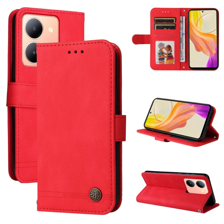 Custodia per telefono in pelle con bottone in metallo con albero della vita Skin Feel, For vivo Y03 4G, For vivo Y200 / V29e Global, For vivo Y17s, For vivo Y36 4G / 5G Foreign