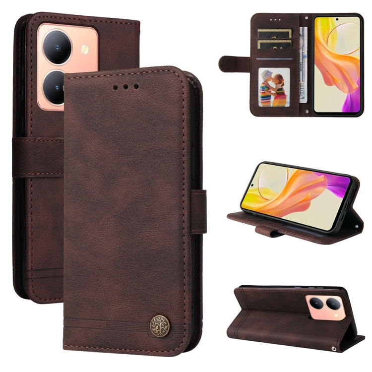Custodia per telefono in pelle con bottone in metallo con albero della vita Skin Feel, For vivo Y03 4G, For vivo Y200 / V29e Global, For vivo Y17s, For vivo Y36 4G / 5G Foreign