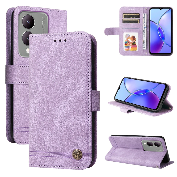 Custodia per telefono in pelle con bottone in metallo con albero della vita Skin Feel, For vivo Y03 4G, For vivo Y200 / V29e Global, For vivo Y17s, For vivo Y36 4G / 5G Foreign