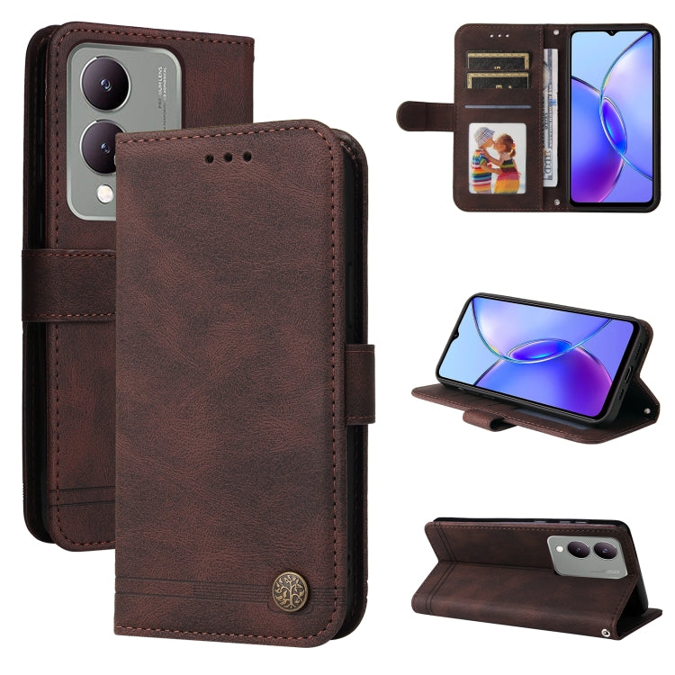 Custodia per telefono in pelle con bottone in metallo con albero della vita Skin Feel, For vivo Y03 4G, For vivo Y200 / V29e Global, For vivo Y17s, For vivo Y36 4G / 5G Foreign