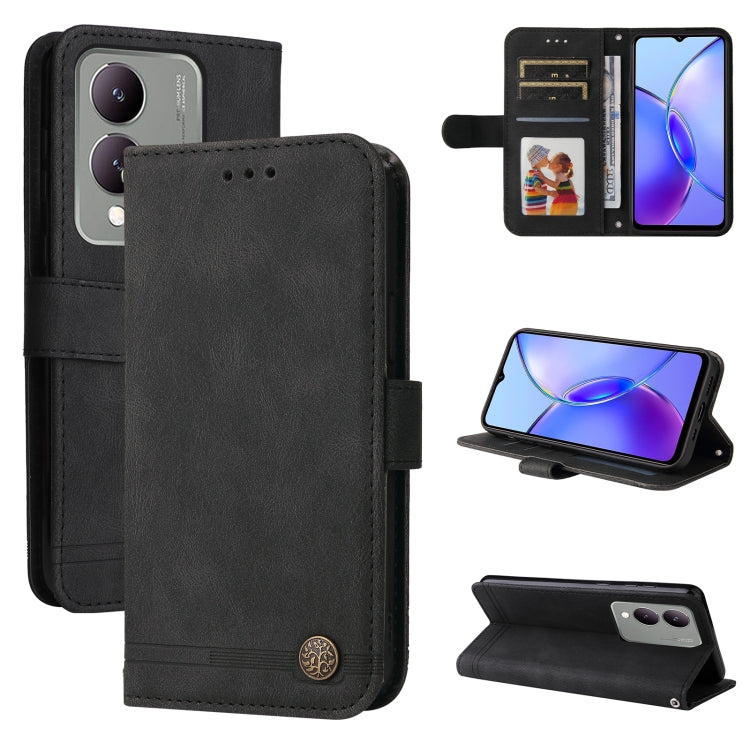 Custodia per telefono in pelle con bottone in metallo con albero della vita Skin Feel, For vivo Y03 4G, For vivo Y200 / V29e Global, For vivo Y17s, For vivo Y36 4G / 5G Foreign