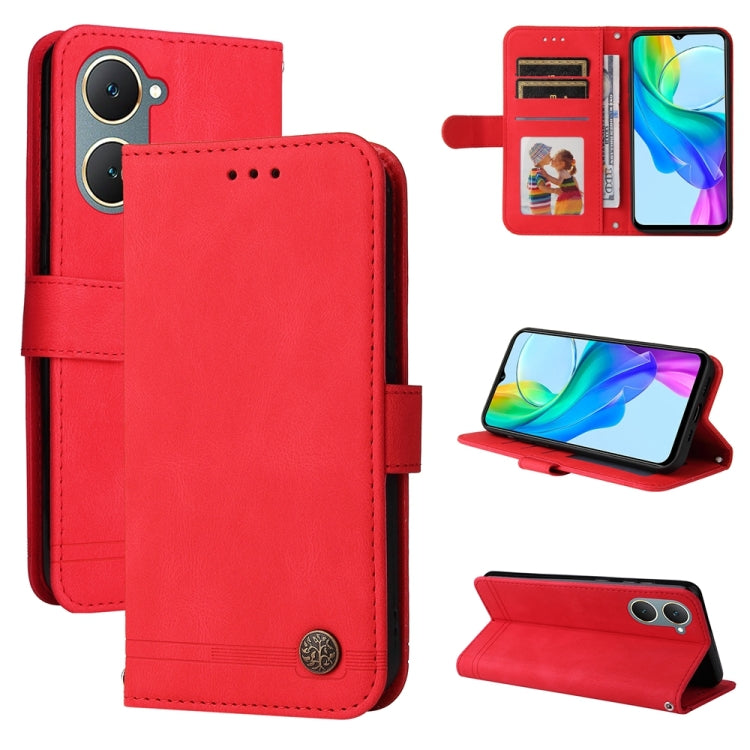Custodia per telefono in pelle con bottone in metallo con albero della vita Skin Feel, For vivo Y03 4G, For vivo Y200 / V29e Global, For vivo Y17s, For vivo Y36 4G / 5G Foreign