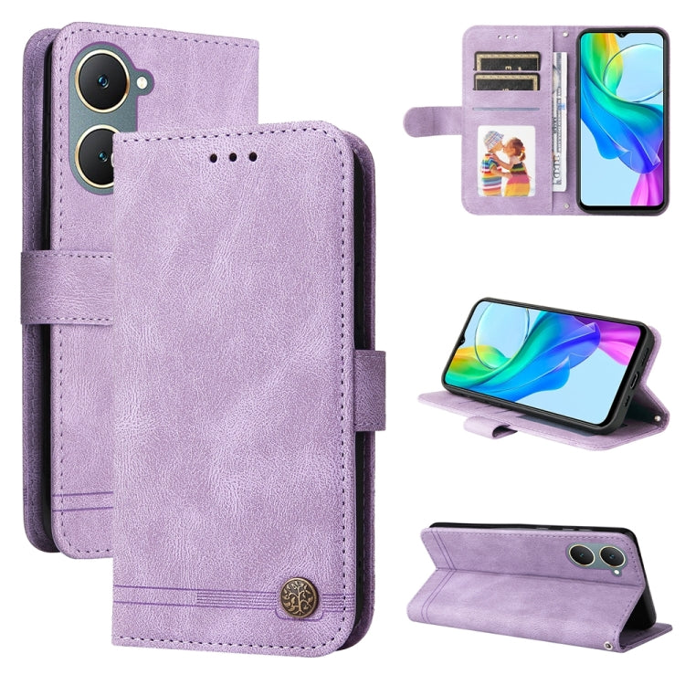 Custodia per telefono in pelle con bottone in metallo con albero della vita Skin Feel, For vivo Y03 4G, For vivo Y200 / V29e Global, For vivo Y17s, For vivo Y36 4G / 5G Foreign