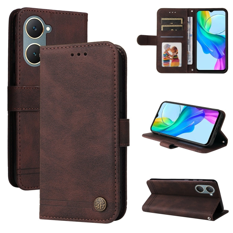 Custodia per telefono in pelle con bottone in metallo con albero della vita Skin Feel, For vivo Y03 4G, For vivo Y200 / V29e Global, For vivo Y17s, For vivo Y36 4G / 5G Foreign