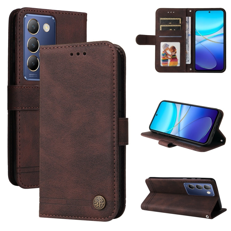 Custodia per telefono in pelle con bottone in metallo con albero della vita Skin Feel, For vivo Y300 Pro, For vivo Y28 4G Global, For vivo Y38 5G / T3x 5G Global, For vivo Y100 5G IDN / Y200e 5G Global