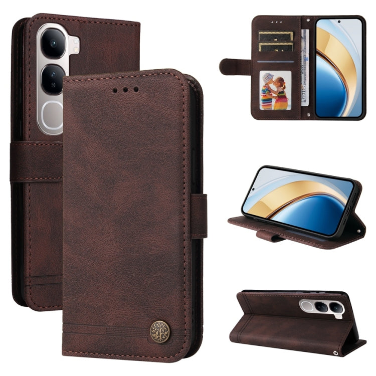 Custodia per telefono in pelle con bottone in metallo con albero della vita Skin Feel, For vivo X200, For vivo X200 Pro mini, For vivo X200 Pro, For vivo V40 Lite 4G / 5G IDN