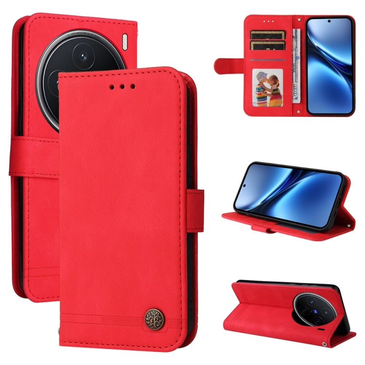 Custodia per telefono in pelle con bottone in metallo con albero della vita Skin Feel, For vivo X200, For vivo X200 Pro mini, For vivo X200 Pro, For vivo V40 Lite 4G / 5G IDN