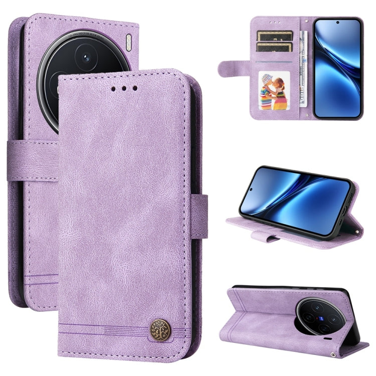 Custodia per telefono in pelle con bottone in metallo con albero della vita Skin Feel, For vivo X200, For vivo X200 Pro mini, For vivo X200 Pro, For vivo V40 Lite 4G / 5G IDN