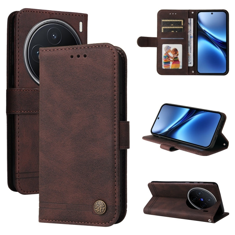 Custodia per telefono in pelle con bottone in metallo con albero della vita Skin Feel, For vivo X200, For vivo X200 Pro mini, For vivo X200 Pro, For vivo V40 Lite 4G / 5G IDN