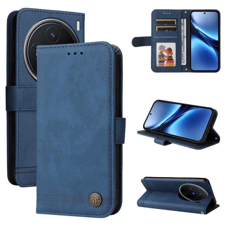 Custodia per telefono in pelle con bottone in metallo con albero della vita Skin Feel, For vivo X200, For vivo X200 Pro mini, For vivo X200 Pro, For vivo V40 Lite 4G / 5G IDN