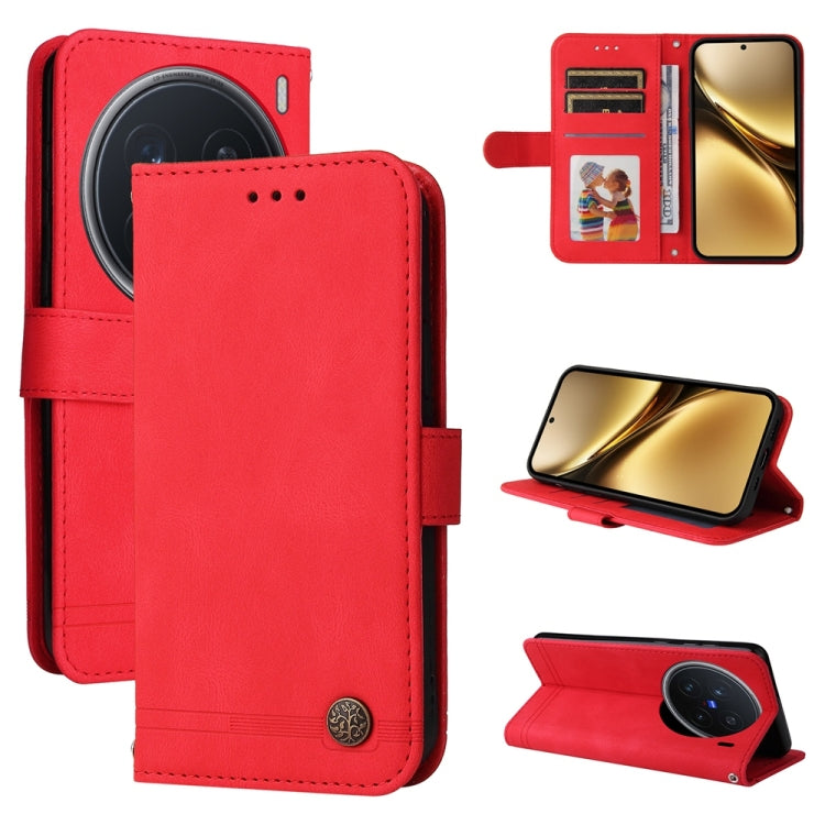 Custodia per telefono in pelle con bottone in metallo con albero della vita Skin Feel, For vivo X200, For vivo X200 Pro mini, For vivo X200 Pro, For vivo V40 Lite 4G / 5G IDN