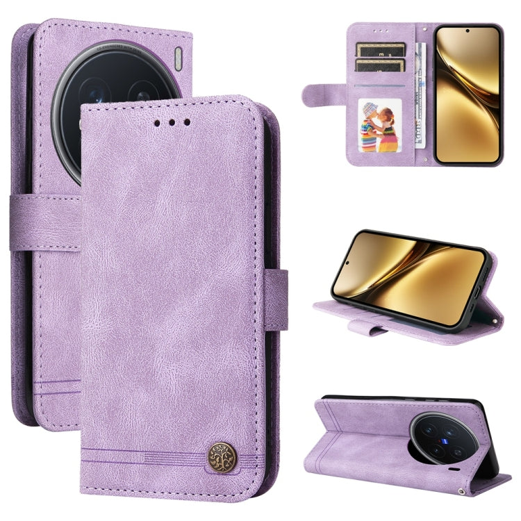 Custodia per telefono in pelle con bottone in metallo con albero della vita Skin Feel, For vivo X200, For vivo X200 Pro mini, For vivo X200 Pro, For vivo V40 Lite 4G / 5G IDN
