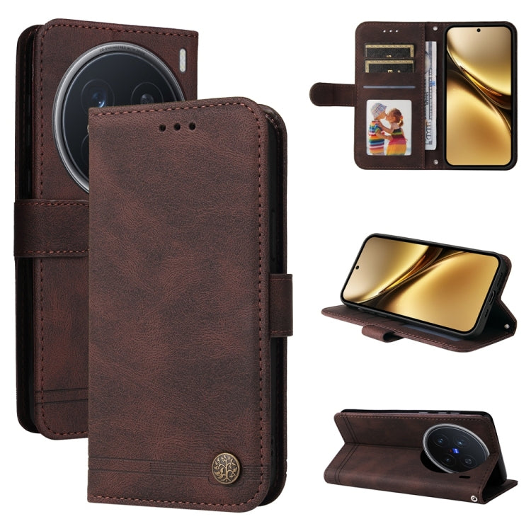 Custodia per telefono in pelle con bottone in metallo con albero della vita Skin Feel, For vivo X200, For vivo X200 Pro mini, For vivo X200 Pro, For vivo V40 Lite 4G / 5G IDN