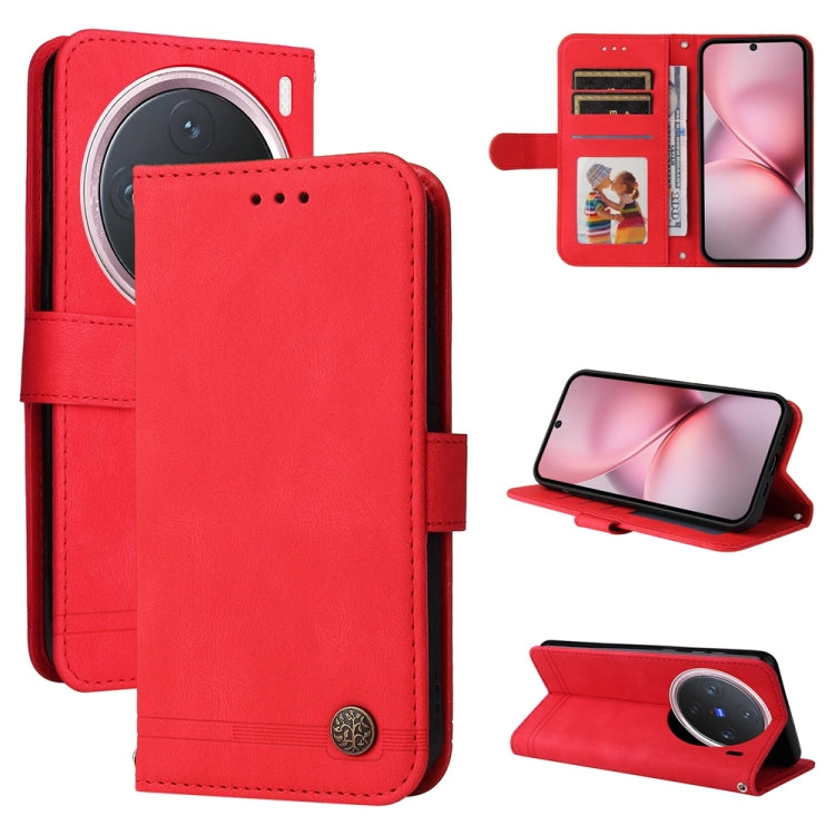 Custodia per telefono in pelle con bottone in metallo con albero della vita Skin Feel, For vivo X200, For vivo X200 Pro mini, For vivo X200 Pro, For vivo V40 Lite 4G / 5G IDN