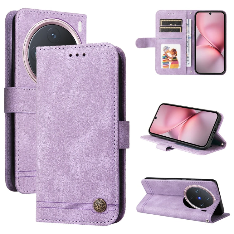 Custodia per telefono in pelle con bottone in metallo con albero della vita Skin Feel, For vivo X200, For vivo X200 Pro mini, For vivo X200 Pro, For vivo V40 Lite 4G / 5G IDN