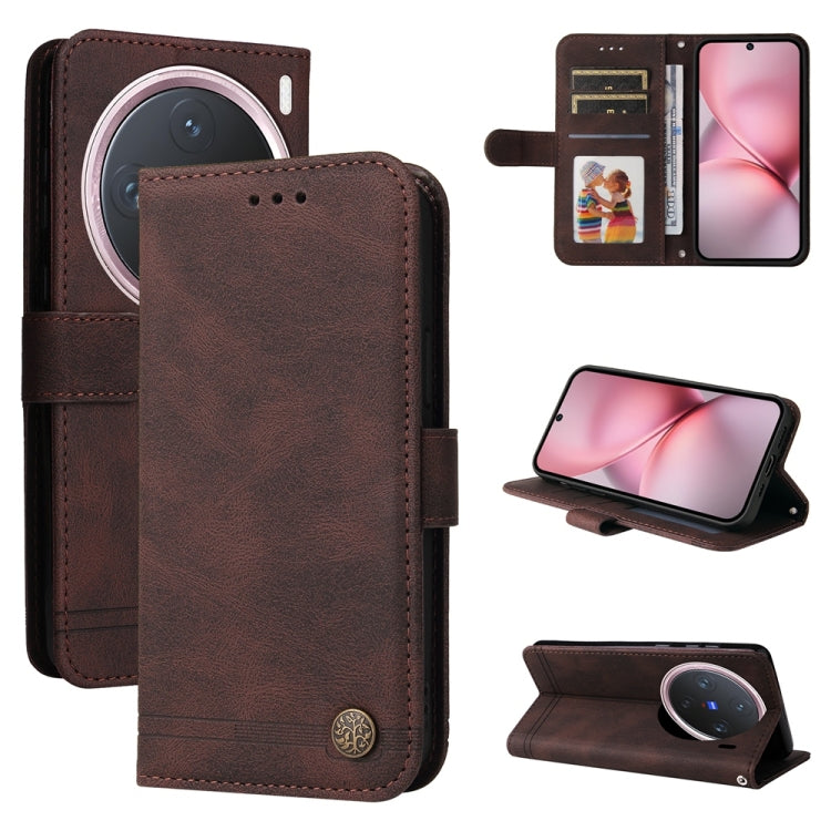 Custodia per telefono in pelle con bottone in metallo con albero della vita Skin Feel, For vivo X200, For vivo X200 Pro mini, For vivo X200 Pro, For vivo V40 Lite 4G / 5G IDN