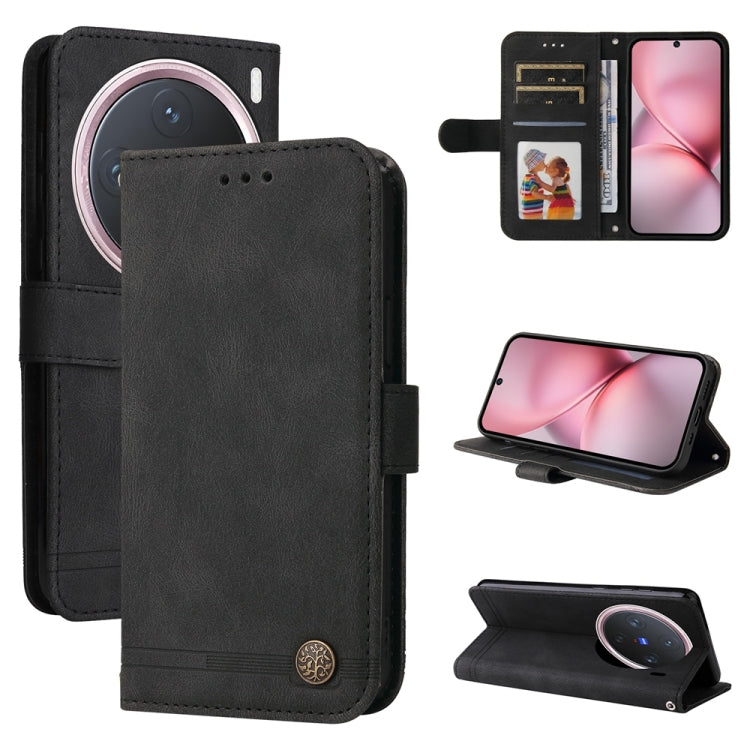 Custodia per telefono in pelle con bottone in metallo con albero della vita Skin Feel, For vivo X200, For vivo X200 Pro mini, For vivo X200 Pro, For vivo V40 Lite 4G / 5G IDN