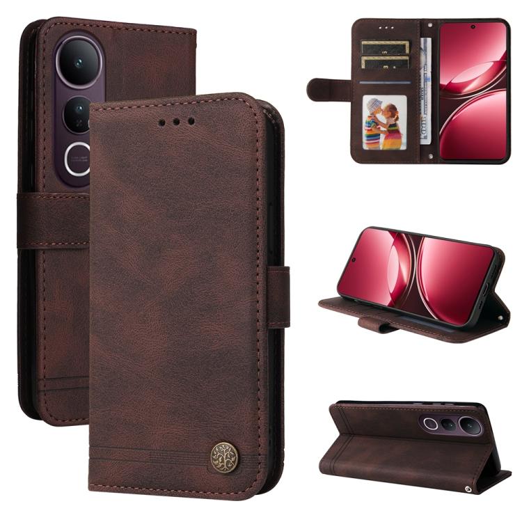 Custodia per telefono in pelle con bottone in metallo con albero della vita Skin Feel, For vivo V50 Lite 4G / 5G, For vivo Y39 5G / Y300i, For vivo Y29s 5G / Y04 4G, For vivo Y29 4G