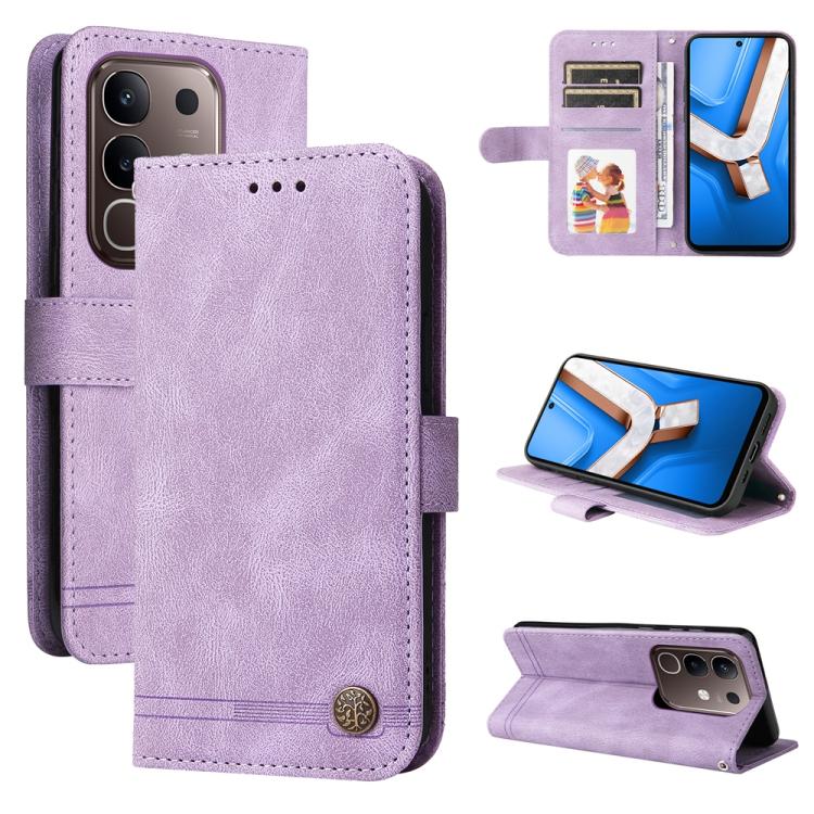 Custodia per telefono in pelle con bottone in metallo con albero della vita Skin Feel, For vivo V50 Lite 4G / 5G, For vivo Y39 5G / Y300i, For vivo Y29s 5G / Y04 4G, For vivo Y29 4G