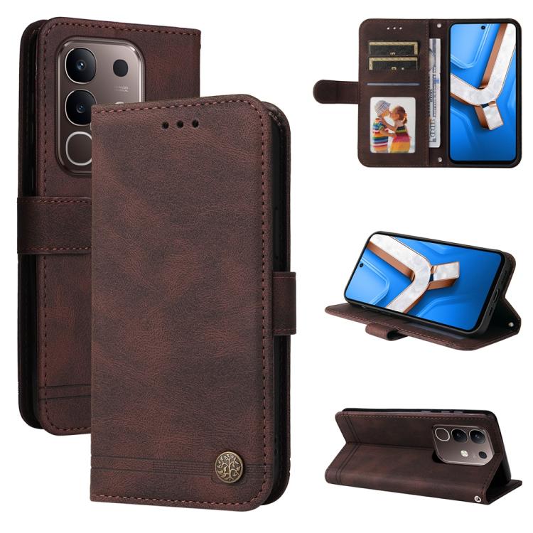 Custodia per telefono in pelle con bottone in metallo con albero della vita Skin Feel, For vivo V50 Lite 4G / 5G, For vivo Y39 5G / Y300i, For vivo Y29s 5G / Y04 4G, For vivo Y29 4G