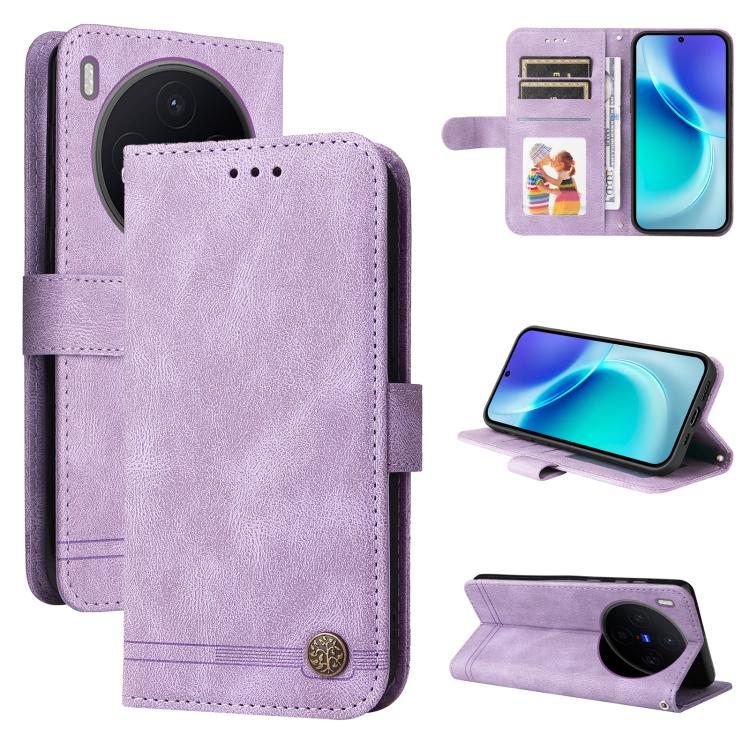 Custodia per telefono in pelle con bottone in metallo con albero della vita Skin Feel, For vivo Y500 Pro 5G, For vivo X300 Pro, For vivo X300, For vivo V60 Lite 4G / 5G