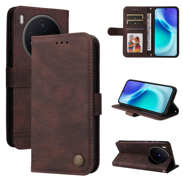 Custodia per telefono in pelle con bottone in metallo con albero della vita Skin Feel, For vivo Y500 Pro 5G, For vivo X300 Pro, For vivo X300, For vivo V60 Lite 4G / 5G