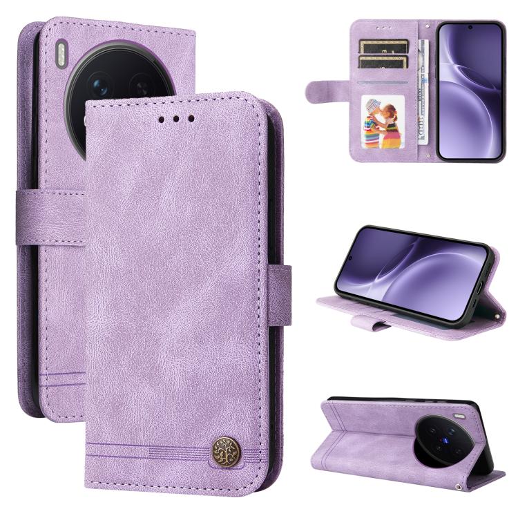 Custodia per telefono in pelle con bottone in metallo con albero della vita Skin Feel, For vivo Y500 Pro 5G, For vivo X300 Pro, For vivo X300, For vivo V60 Lite 4G / 5G