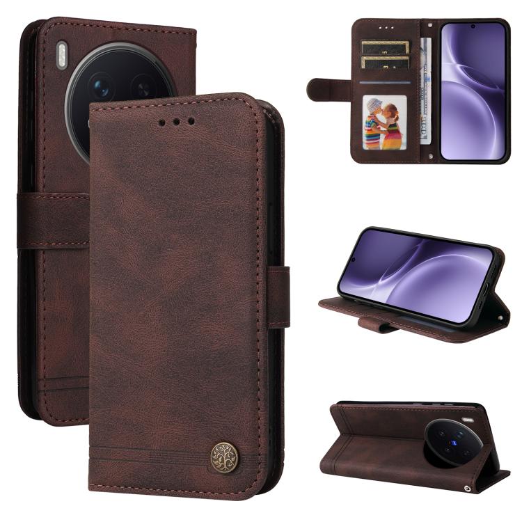Custodia per telefono in pelle con bottone in metallo con albero della vita Skin Feel, For vivo Y500 Pro 5G, For vivo X300 Pro, For vivo X300, For vivo V60 Lite 4G / 5G