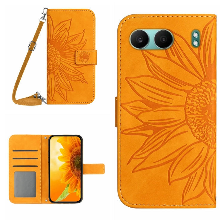 Skin Feel Custodia per telefono in pelle goffrata Sun Flower con cordino, For OnePlus 13, For OnePlus Nord 4 5G