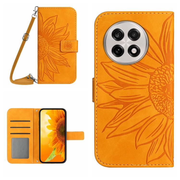 Skin Feel Custodia per telefono in pelle goffrata Sun Flower con cordino, For OnePlus 13T, For OnePlus 13R