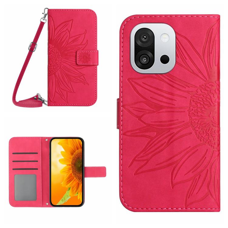 Skin Feel Custodia per telefono in pelle goffrata Sun Flower con cordino, For OnePlus 13T, For OnePlus 13R
