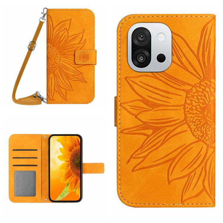Skin Feel Custodia per telefono in pelle goffrata Sun Flower con cordino, For OnePlus 13T, For OnePlus 13R