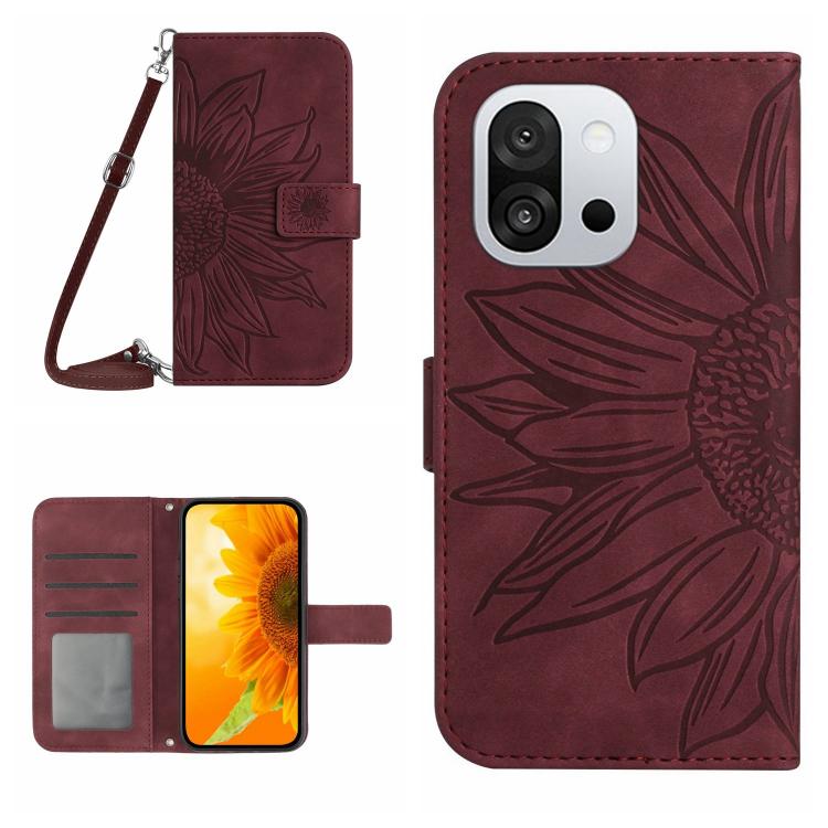 Skin Feel Custodia per telefono in pelle goffrata Sun Flower con cordino, For OnePlus 13T, For OnePlus 13R