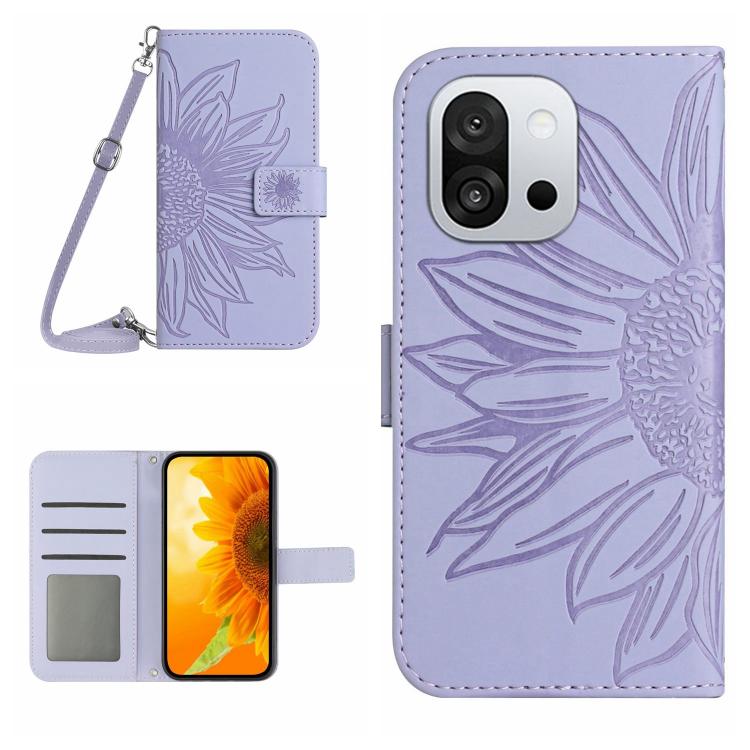 Skin Feel Custodia per telefono in pelle goffrata Sun Flower con cordino, For OnePlus 13T, For OnePlus 13R