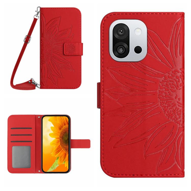 Skin Feel Custodia per telefono in pelle goffrata Sun Flower con cordino, For OnePlus 13T, For OnePlus 13R