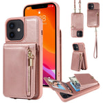 Custodia per telefono in pelle con portafoglio con cerniera e cordino a tracolla, For iPhone 12 / 12 Pro, For iPhone 12 Pro Max, For iPhone 11 Pro Max, For iPhone 11