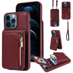Custodia per telefono in pelle con portafoglio con cerniera e cordino a tracolla, For iPhone 12 / 12 Pro, For iPhone 12 Pro Max, For iPhone 11 Pro Max, For iPhone 11