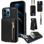 Custodia per telefono in pelle con portafoglio con cerniera e cordino a tracolla, For iPhone 12 / 12 Pro, For iPhone 12 Pro Max, For iPhone 11 Pro Max, For iPhone 11