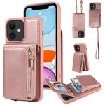 Custodia per telefono in pelle con portafoglio con cerniera e cordino a tracolla, For iPhone 12 / 12 Pro, For iPhone 12 Pro Max, For iPhone 11 Pro Max, For iPhone 11