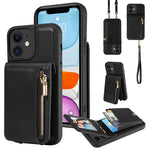 Custodia per telefono in pelle con portafoglio con cerniera e cordino a tracolla, For iPhone 12 / 12 Pro, For iPhone 12 Pro Max, For iPhone 11 Pro Max, For iPhone 11