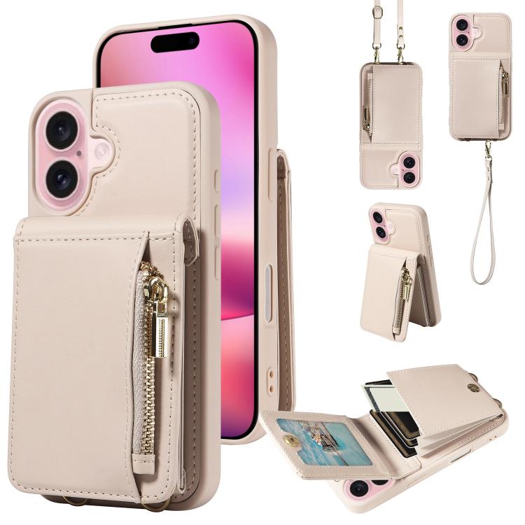 Custodia per telefono in pelle con portafoglio con cerniera e cordino a tracolla, For iPhone 16 Pro Max, For iPhone 16 Pro, For iPhone 16 Plus, For iPhone 16