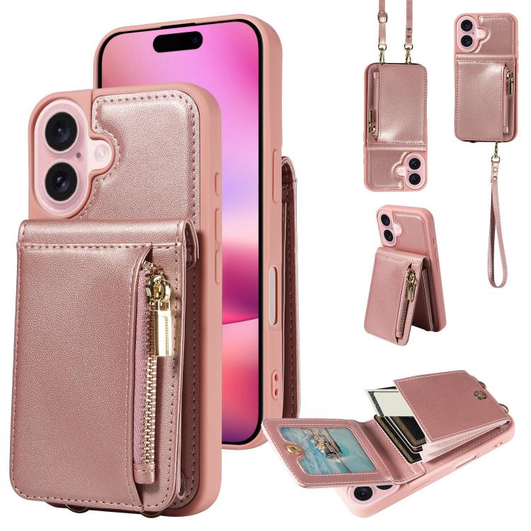 Custodia per telefono in pelle con portafoglio con cerniera e cordino a tracolla, For iPhone 16 Pro Max, For iPhone 16 Pro, For iPhone 16 Plus, For iPhone 16