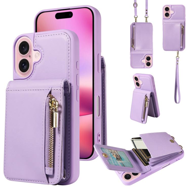 Custodia per telefono in pelle con portafoglio con cerniera e cordino a tracolla, For iPhone 16 Pro Max, For iPhone 16 Pro, For iPhone 16 Plus, For iPhone 16